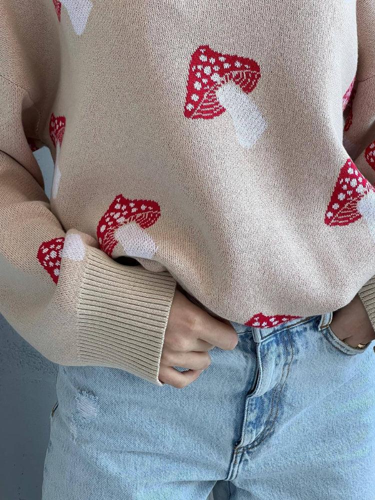 Whimsical Mushroom Oversized Crewneck Sweater - TEVQA
