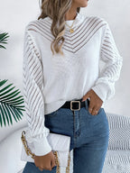 White Hollow Out Pointelle Knit Sweater - TEVQA