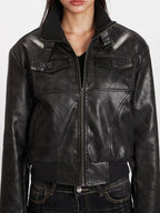 Vintage Wash Faux Leather Bomber Jacket - TEVQA