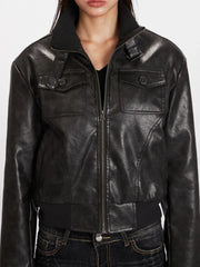 Vintage Wash Faux Leather Bomber Jacket - TEVQA