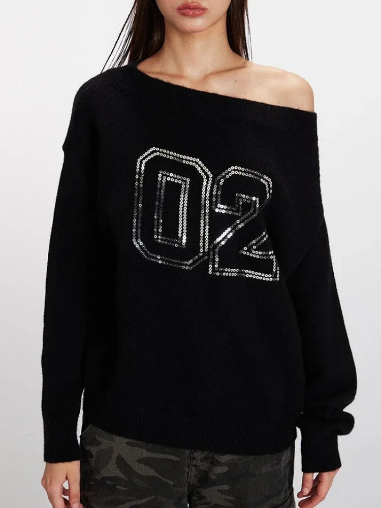 Vintage Black Sequin '02' Off-Shoulder Sweater - TEVQA