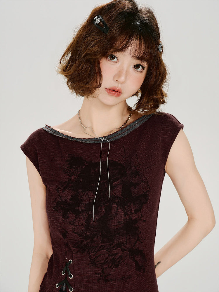 Vintage Grunge Faux Two-Piece Lace-Up Tank Top Burgundy