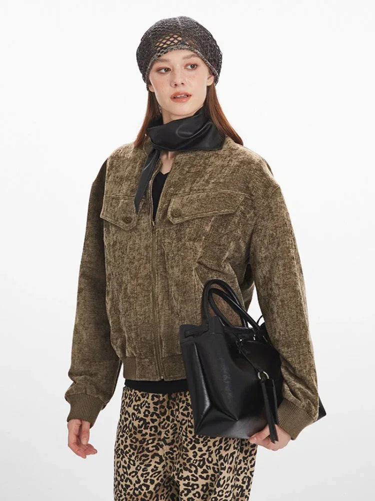 Vintage Brown Distressed Velvet Bomber Jacket - TEVQA