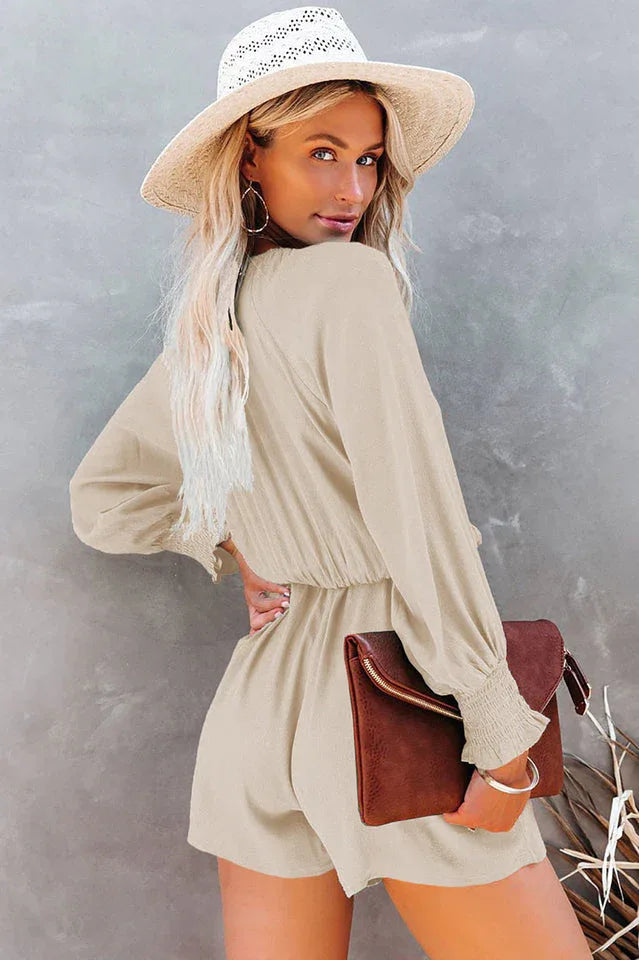Tied Flounce Sleeve Plunge Romper - TEVQA