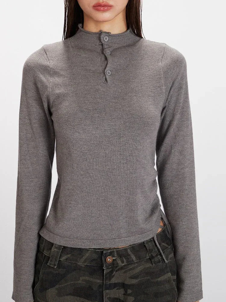 Grey Ruched Side Henley Knit Top - View 6 | TEVQA