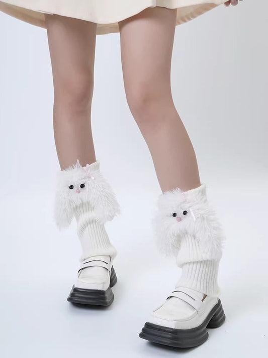 White Ribbed Knit Leg Warmers with 3D Plush Bunny