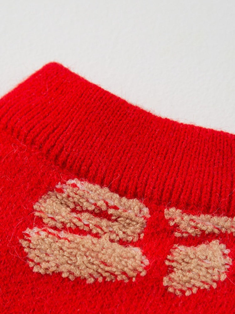 Close-up of the ribbed collar and embroidered detail on a red dog sweater.