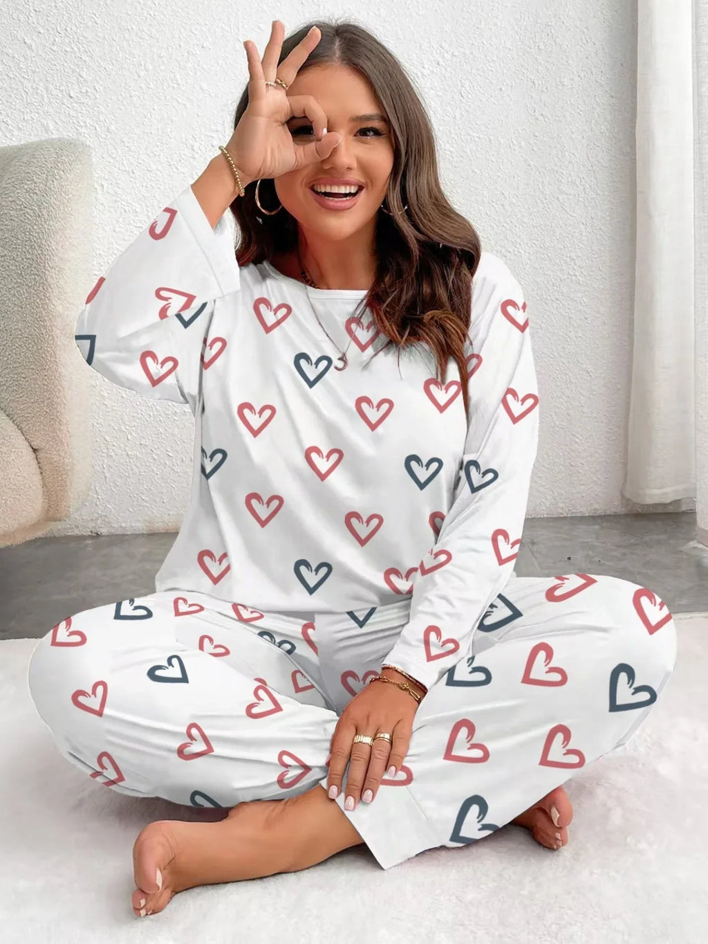 Plus Size Pink Heart Print Jogger Pajama Set - View 6 | TEVQA
