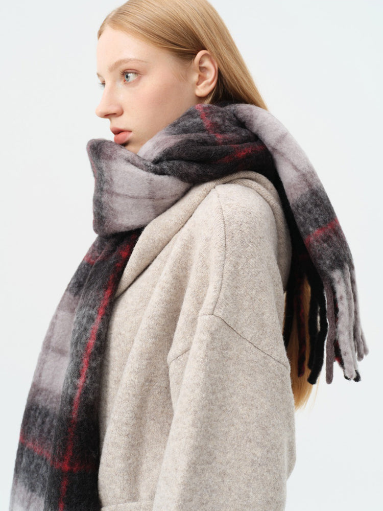 Plaid wool blend scarf with fringed hem - View 9 | TEVQA