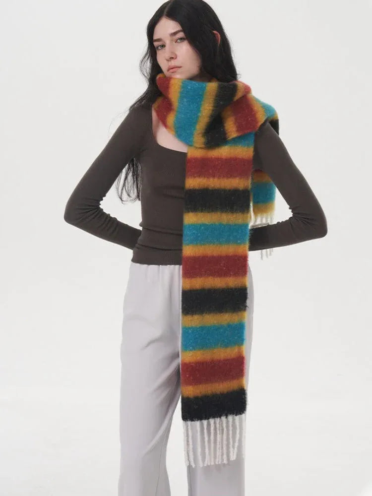 Rainbow stripe fuzzy knit scarf - View 9 | TEVQA