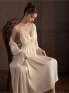 Lace Trim Satin Robe and Slip Set - View 7 | TEVQA