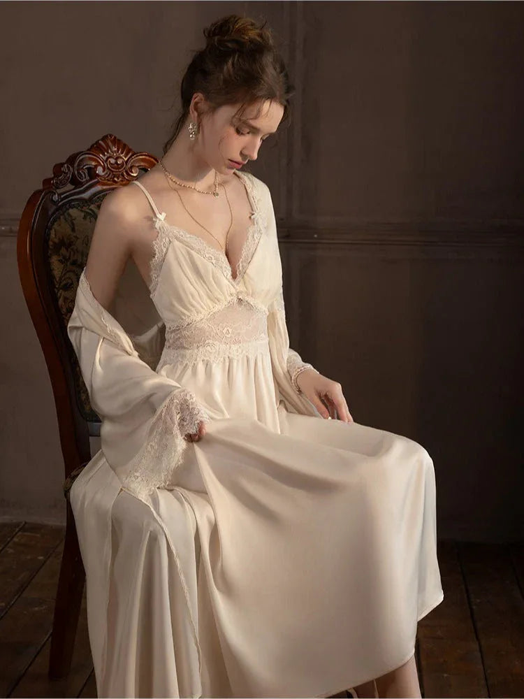 Lace Trim Satin Robe and Slip Set - View 7 | TEVQA