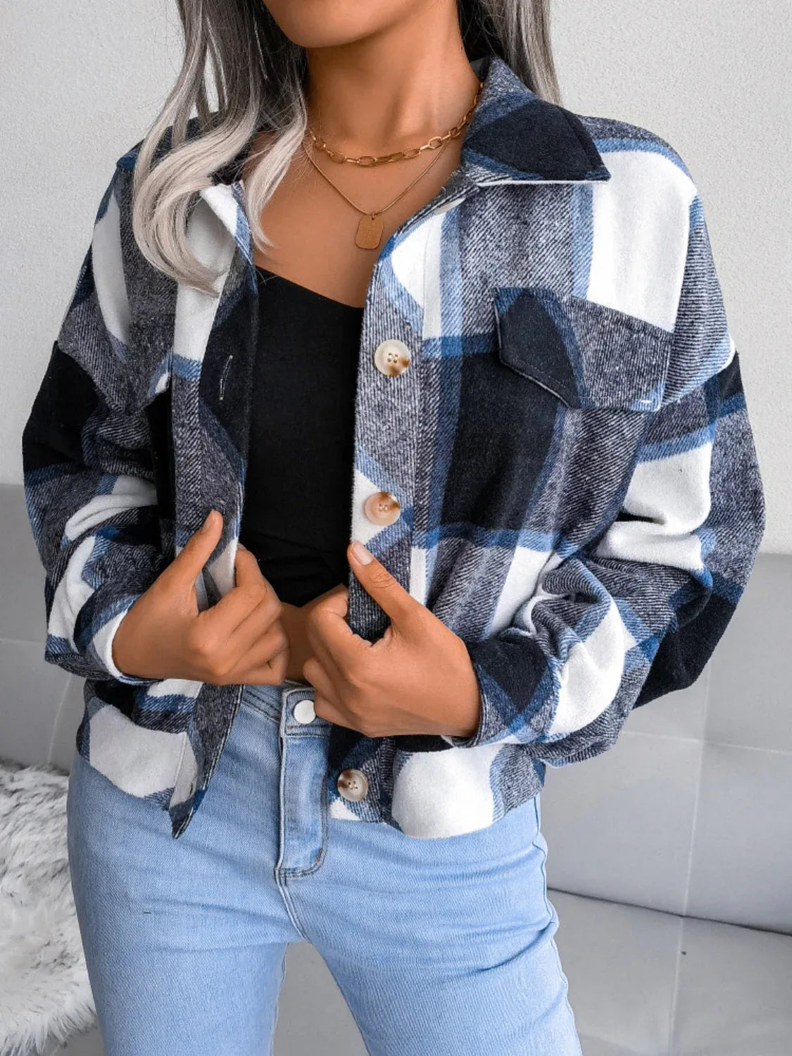 Plaid Cropped Shacket with Lantern Sleeves Secondary image
