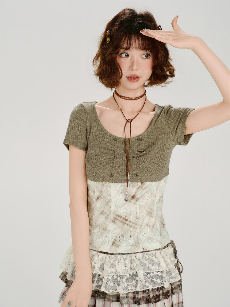 Vintage Patchwork Star Studded Slim T-Shirt - Green