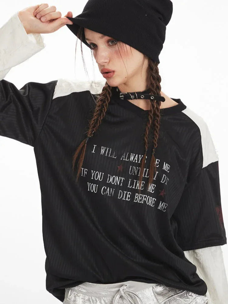 Graphic layered look top with V-neck and contrasting textured sleeves - View 6 | TEVQA
