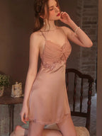 Vintage Cream | Twist-Front Lace & Mesh Satin Robe Set - TEVQA