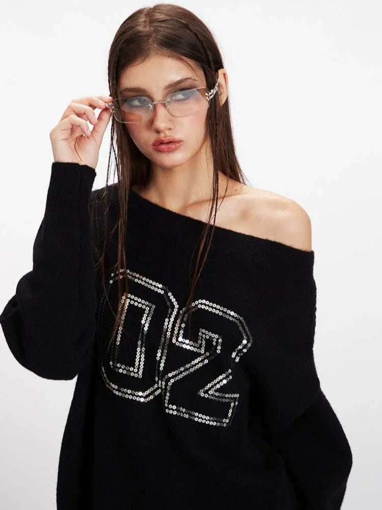 Vintage Black Sequin '02' Off-Shoulder Sweater - TEVQA