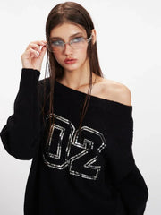 Vintage Black Sequin '02' Off-Shoulder Sweater - TEVQA