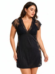 Women's black satin nightgown with V-neck and lace trim - View 6 | TEVQA