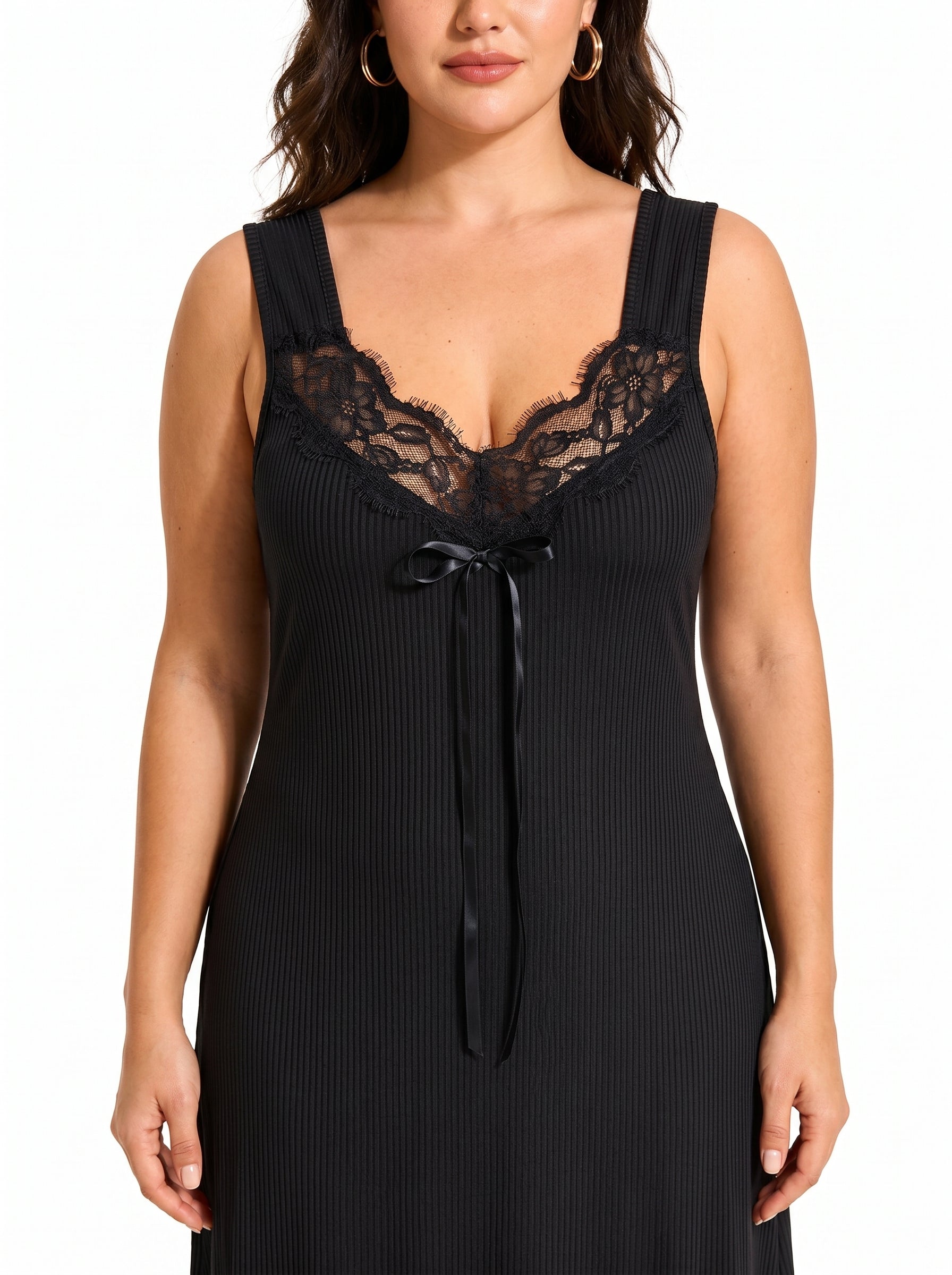 Midi loungewear dress with lace trim and V-neckline - View 6 | TEVQA