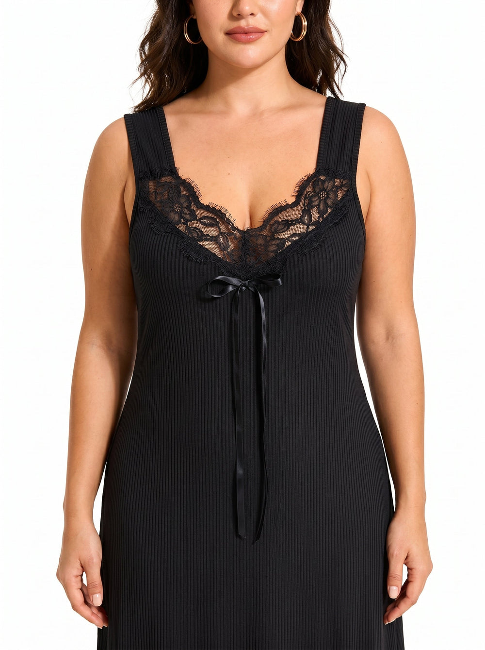 Midi loungewear dress with lace trim and V-neckline - View 6 | TEVQA