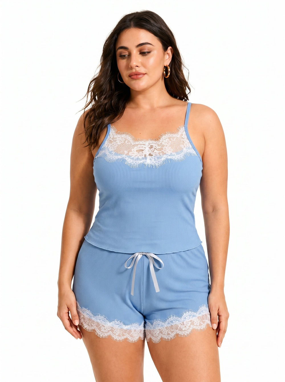 Light blue women's lace trim pajama set - View 6 | TEVQA