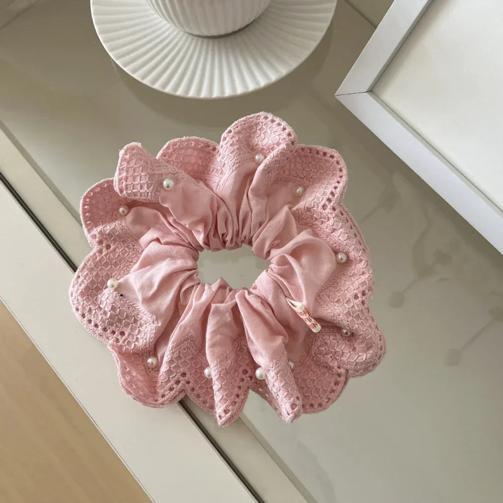 Oversized scrunchie with pearl and lace detailing - View 7 | TEVQA