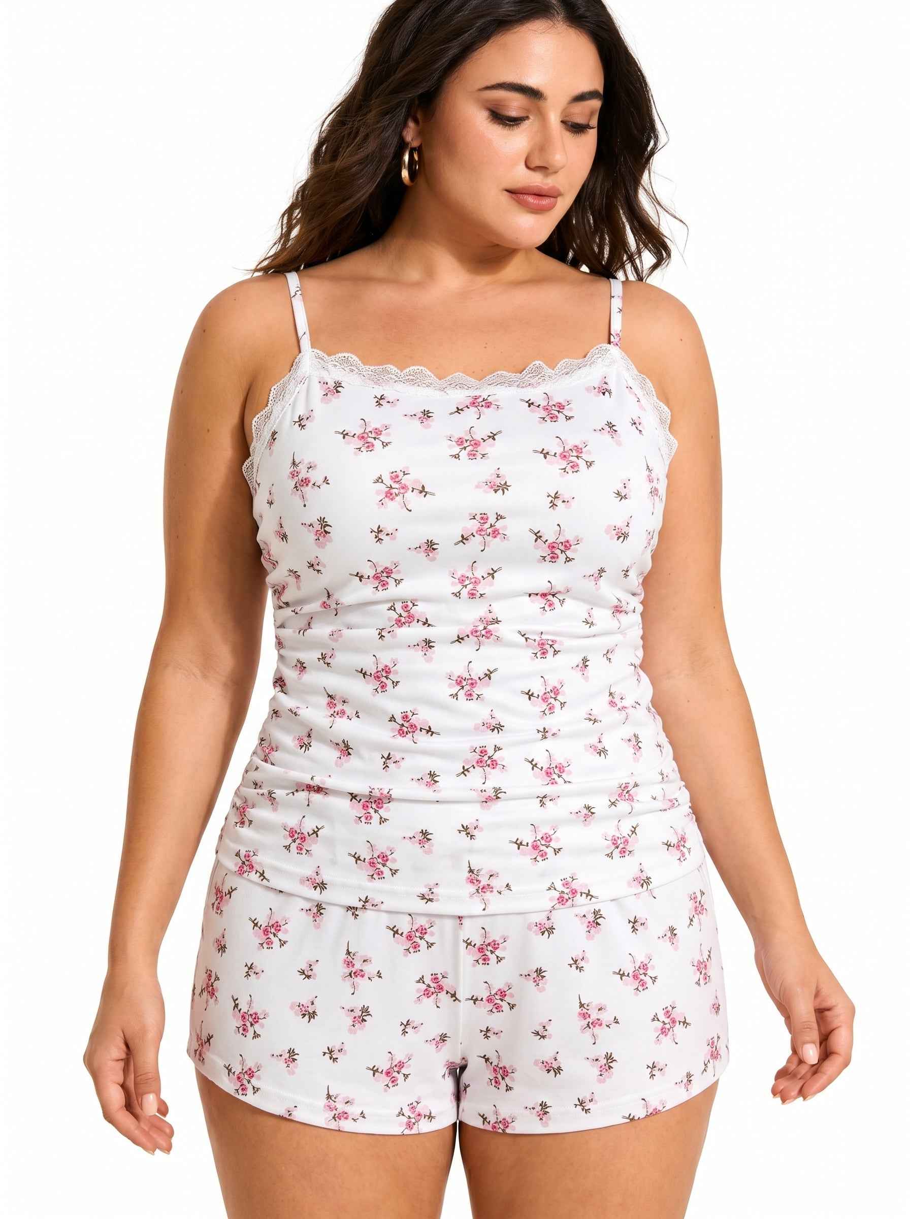 Lace trimmed pajama set with floral print - View 6 | TEVQA
