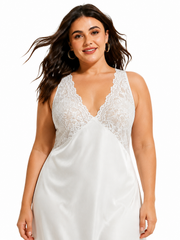 Long white satin nightgown with lace trim - View 6 | TEVQA