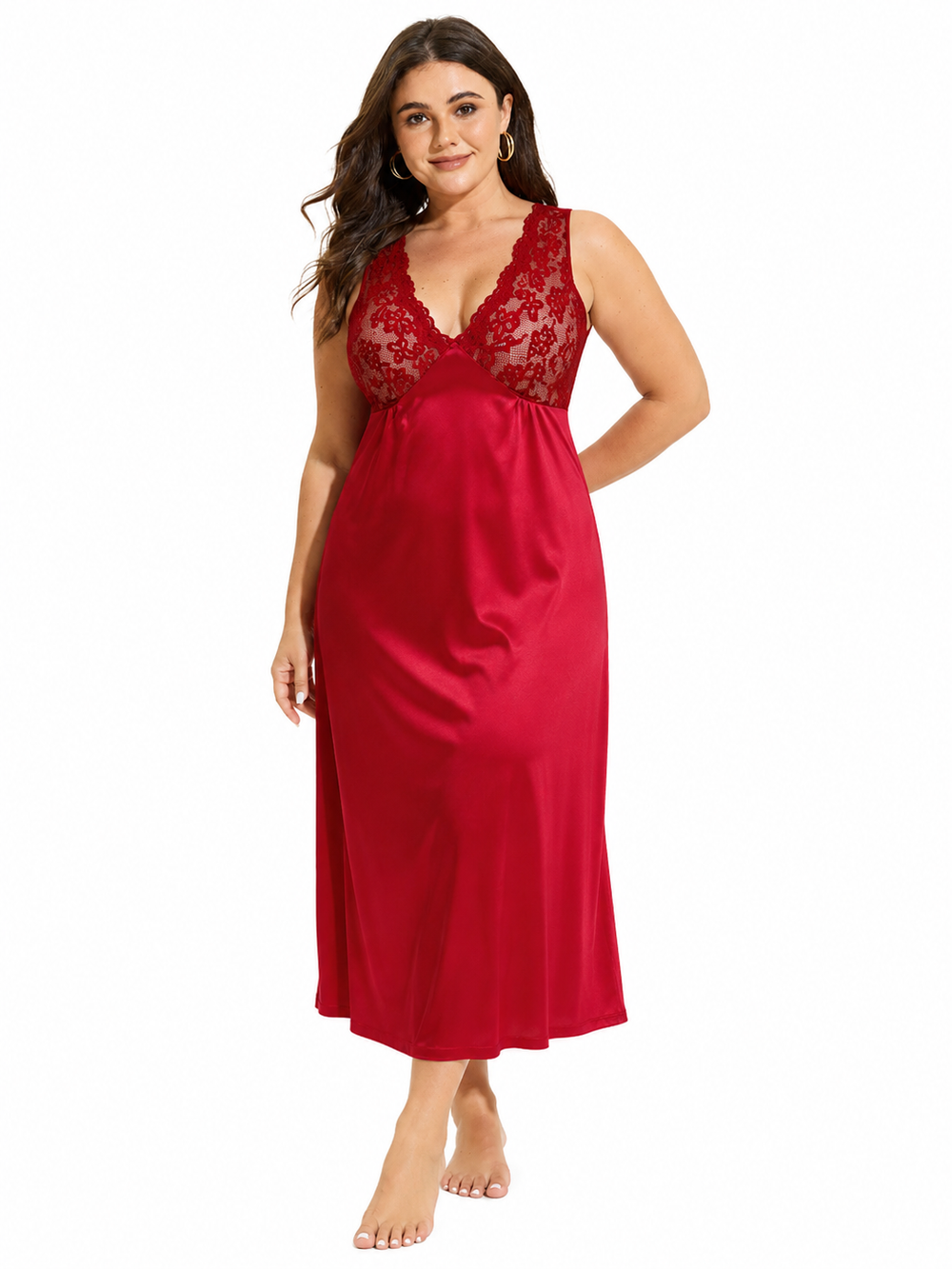 Model showcasing a red satin maxi nightgown with lace bodice