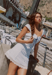 A-line mini dress with puff sleeves and lace trim - View 7 | TEVQA