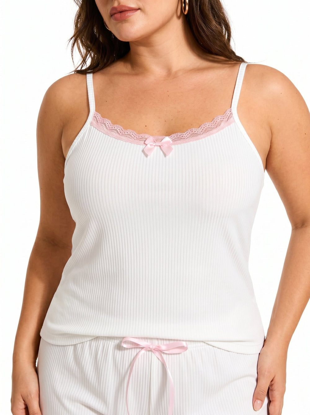 Ribbed knit pajama set with lace trim - View 6 | TEVQA