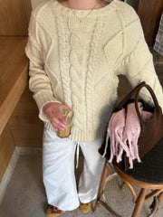 Vintage Cream Chunky Cable Knit Sweater - TEVQA