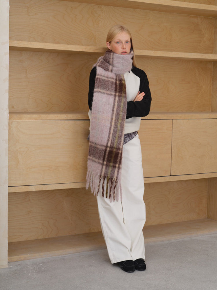 Oversized Wool Blend Plaid Scarf with Chunky Fringe Secondary image