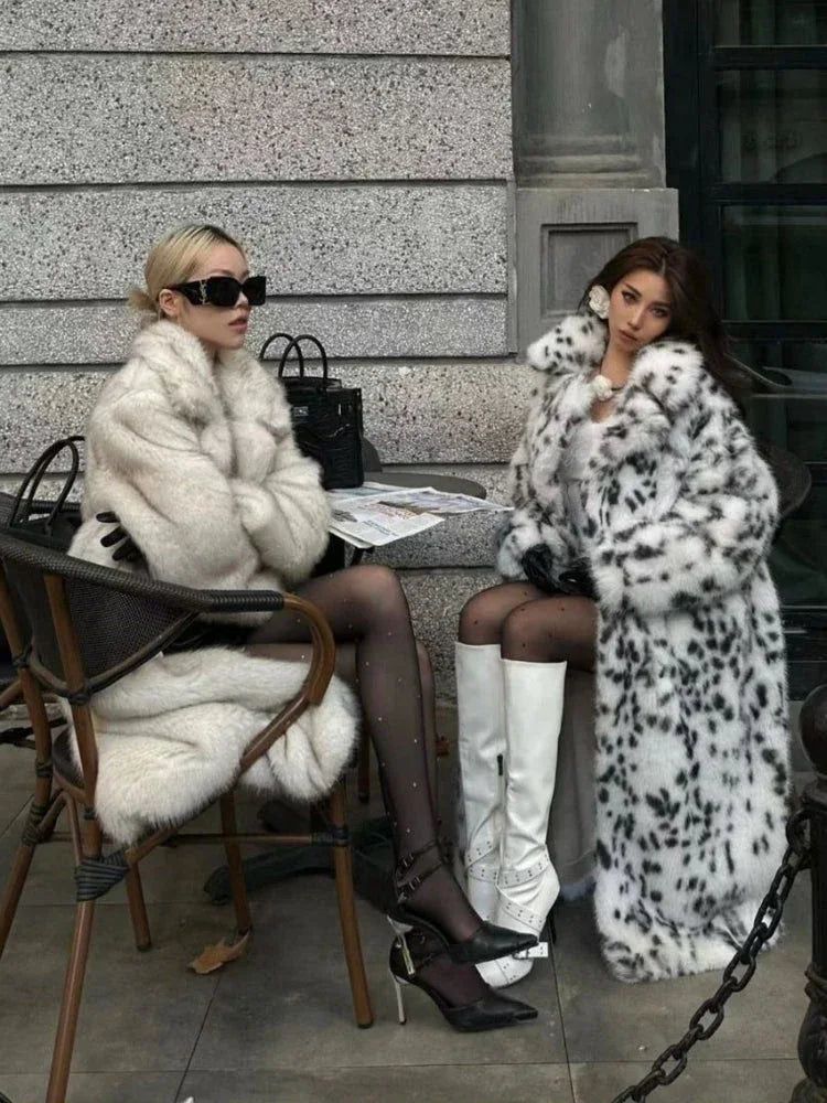 Aspen Chic Snow Leopard Faux Fox Fur Long Coat - TEVQA