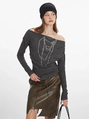 Y2K Grunge Rhinestone Necklace Off-Shoulder Top - TEVQA