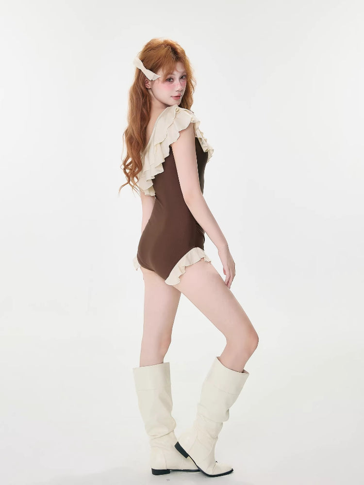 Ruffled One-Shoulder Swimsuit Brown