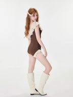 Ruffled One-Shoulder Swimsuit Brown
