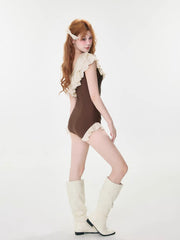 Ruffled One-Shoulder Swimsuit Brown