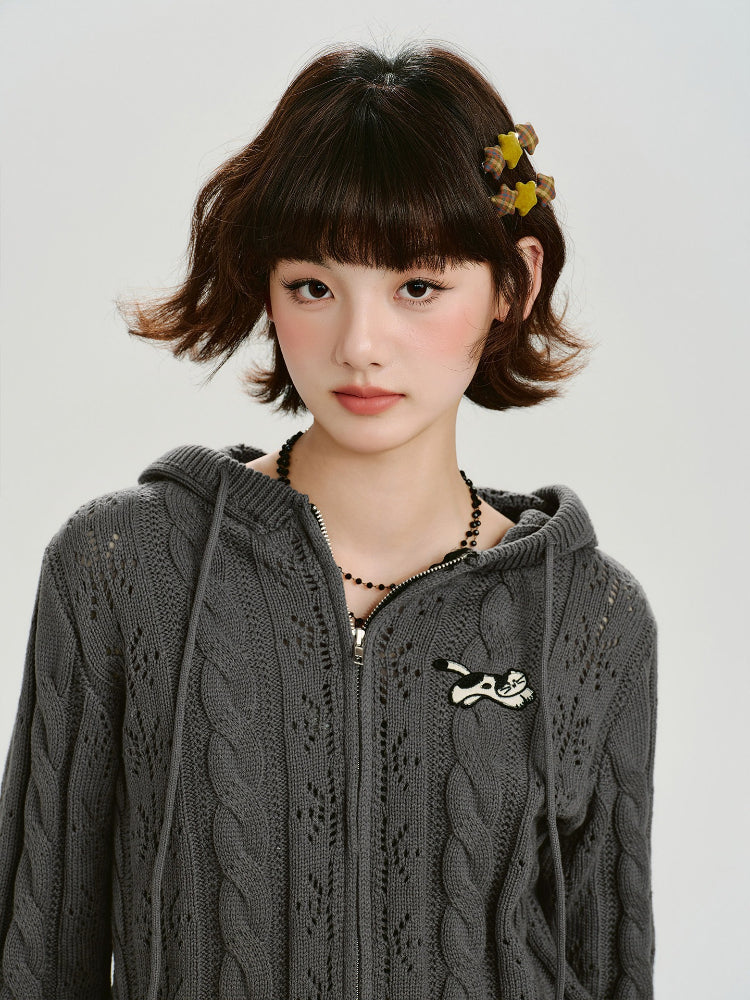 Vintage Cable Knit Hooded Zip-Up Cardigan - Grey