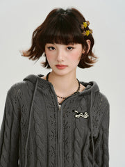 Vintage Cable Knit Hooded Zip-Up Cardigan - Grey