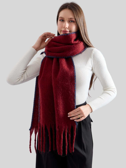 Women's Heavyweight Faux Mohair Scarf with Contrast Whipstitch Trim & Long Fringe - Burgundy