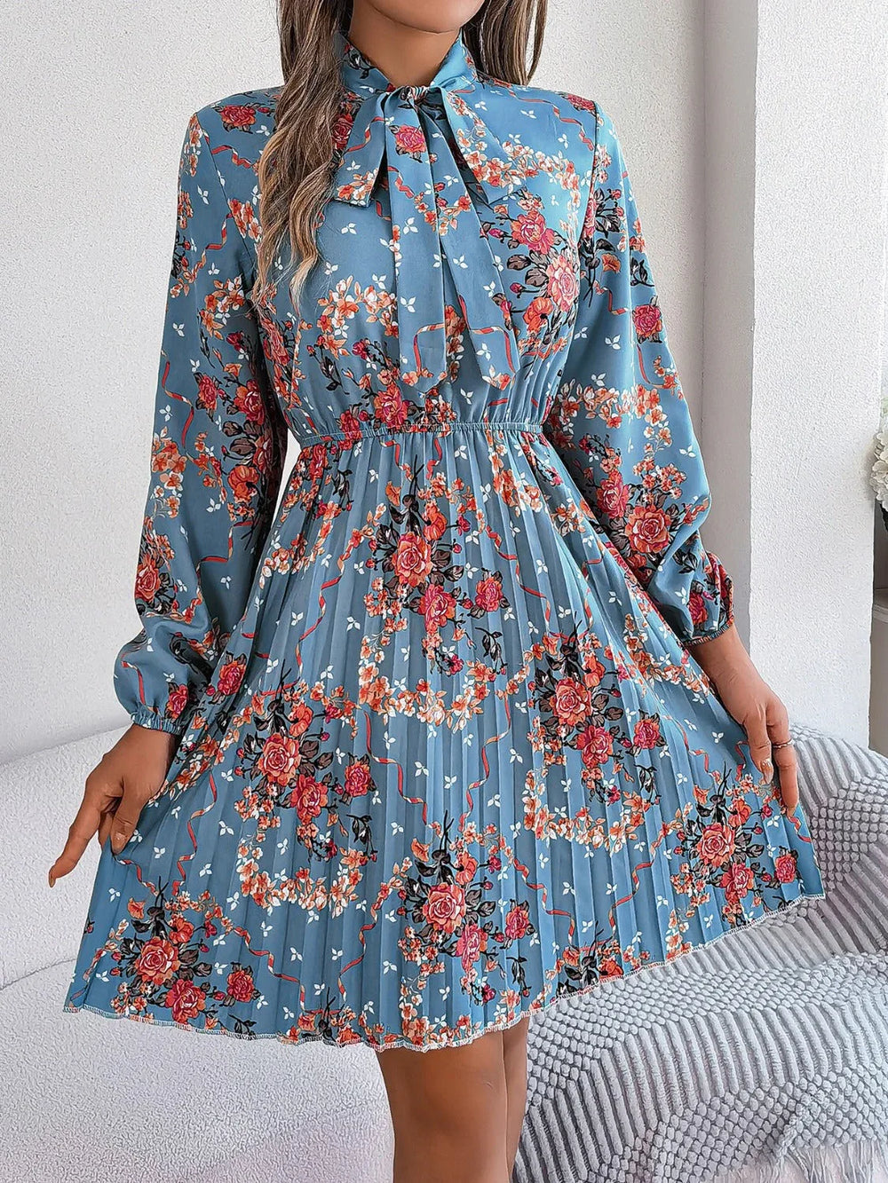 Vintage Pink Floral Pleated Dress - TEVQA