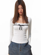 White Ribbed Knit Top Black Bow Long Sleeve
