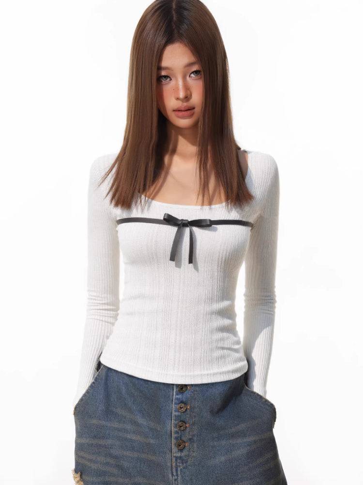 White Ribbed Knit Top Black Bow Long Sleeve