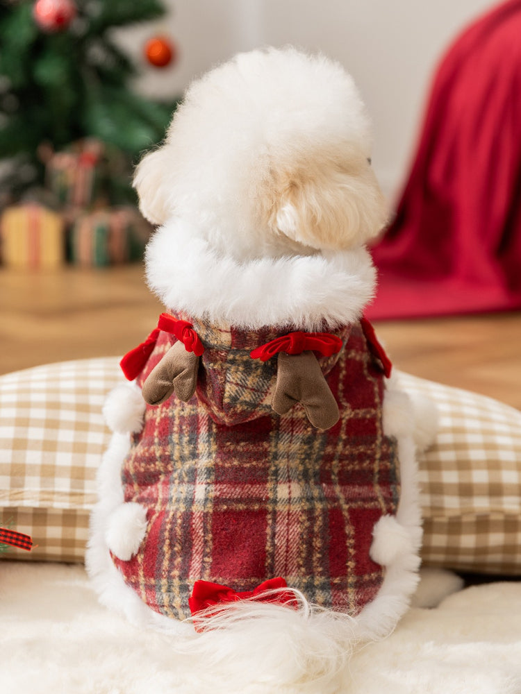 The back of a white bichon frise dog in a red plaid dog coat with faux fur trim and reindeer antlers.