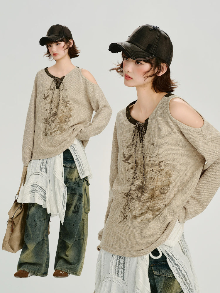 Vintage Asymmetric Cold Shoulder Graphic Top - Beige