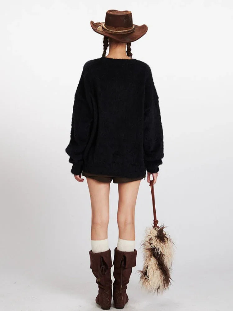 Vintage Black Fuzzy Horse Graphic Sweater - TEVQA