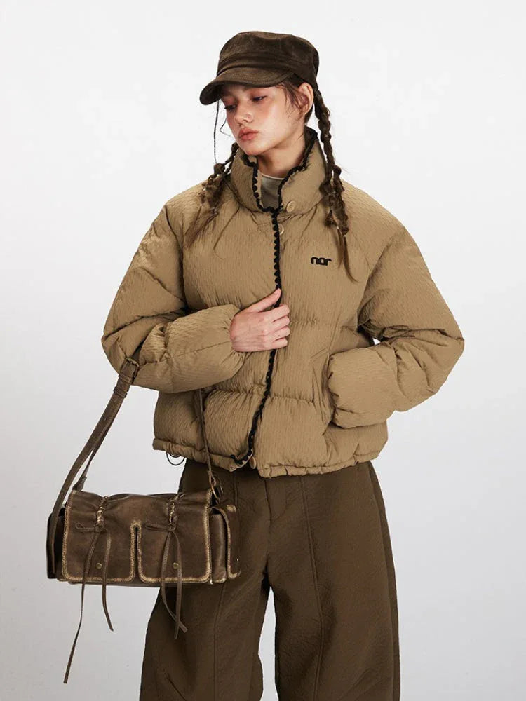 Textured Stand Collar Cropped Puffer Jacket - TEVQA