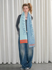 Reversible Letter Knit Scarf Wool Blend Blue